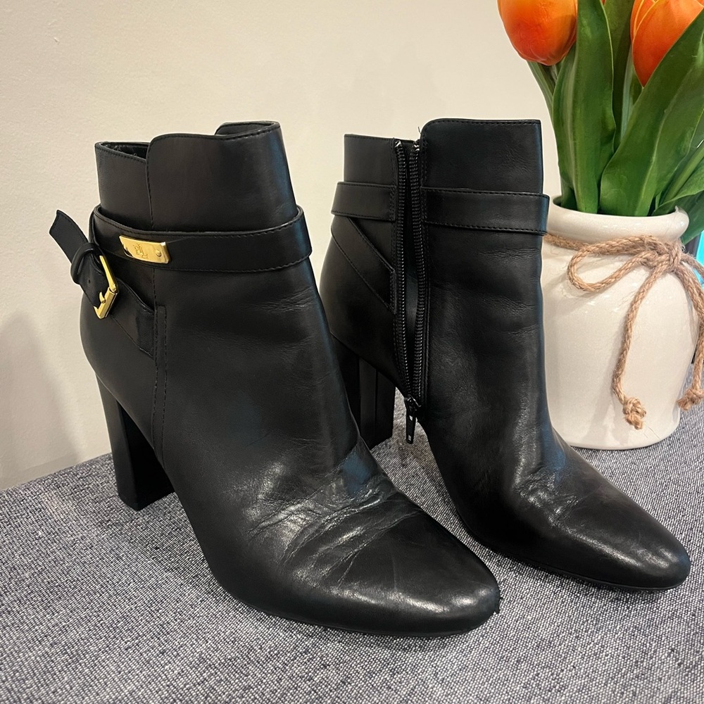 Ralph Lauren Black Ankle Boots with Gold Buckle